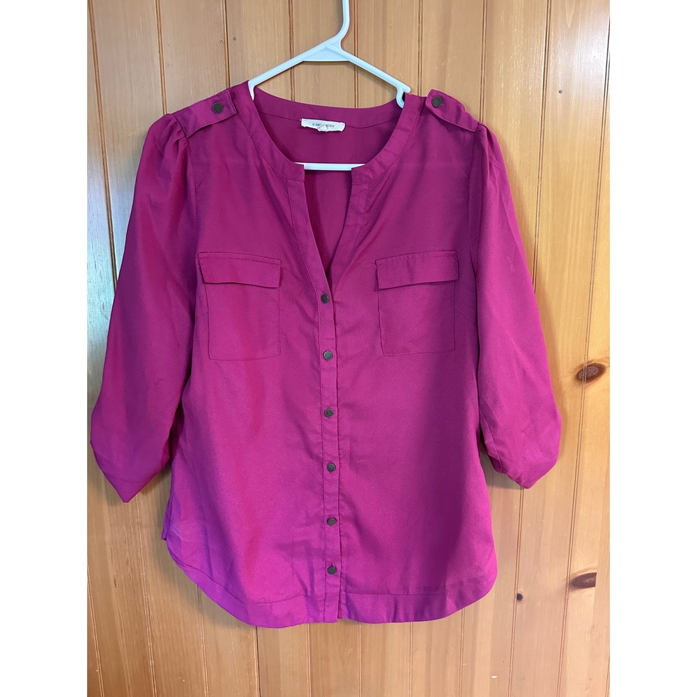41 Hawthorn Magenta Pink Roll Tab Sleeve Button Up Blouse Feminine Office Small